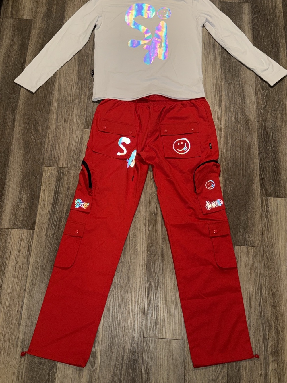 Red Cargo Pants & White Shirt with Reflective Accents